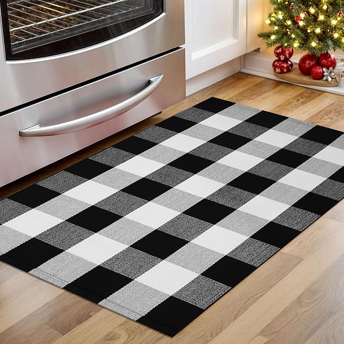 KOZYFLY Buffalo Plaid Area Rugs 27.5x43 Inches Black and White Checkered Rug Washable Front Door Mat Hand Woven Cotton Outdoor Rug Small Rug for Front Porch Kitchen Entryway Patio Bathroom | Washable Front Door Mat, Woven Cotton Outdoor Rug, Indoor Sma...