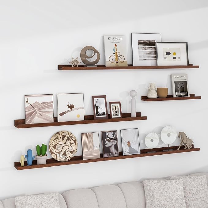 FLYJOE Picture Ledge Shelf for Wall, 36 inch Solid Ash Wood Nursery Book Shelves 2 Packs, Floating Shelves for Kids' Room Bedroom Bathroom Living Room Photo Frames Office Nursey Wall Decor, Walnut