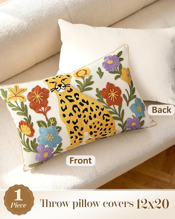 Embroidered Lumbar Pillow Cover 20x12 Inch - Summer Boho Decorative Pillow Cover with Zipper for Couch Sofa Living Room Farmhouse Cushion Pillowcase, Leopard Floral