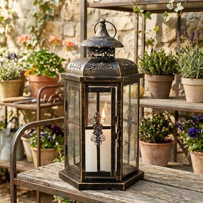 JHY DESIGN Medium Decorative Lanterns 12“H Outdoor Candle Lanterns Vintage Metal Candle Holder for Indoor Outdoor, Events, Parities and Weddings(Black with Gold Brush)