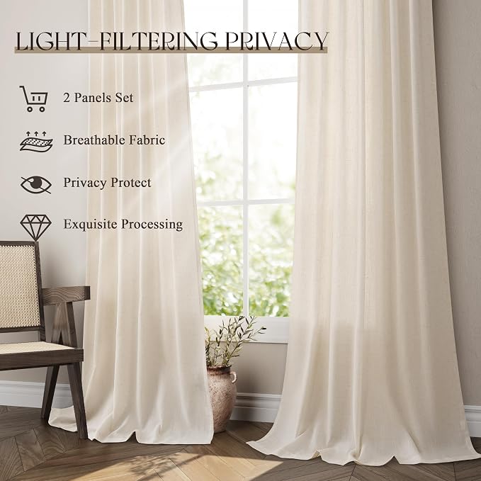 Jowels Cream Linen Curtains 105 Inch Long 2 Panels for Living Room | Beige Flax Light Filtering Sheer Curtain,Back Tab Pocket Pleated Look,Farmhouse Textured Privacy Drapes for Bedroom Window