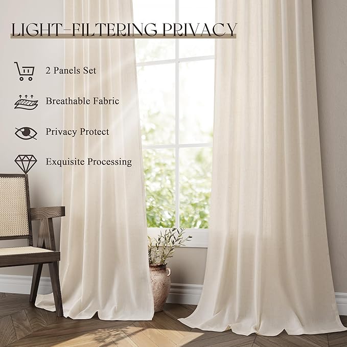 Jowels Cream Linen Curtains 48 Inch Long 2 Panels for Living Room | Beige Flax Light Filtering Sheer Curtain,Back Tab Pocket Pleated Look,Farmhouse Textured Privacy Drapes for Bedroom Window