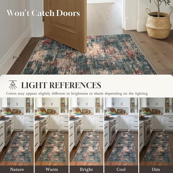Lansny Abstract Washable Entryway Rug 2x3 Area Rug Small Non Slip Door Mat | Red/Multi;Thin Printed Faux Wool Kitchen Rugs;Indoor Front Door Rug;Entry Rug;Throw Rugs for Foyer,Entrance;Floor Carpet