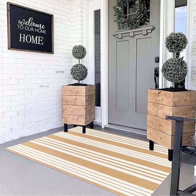 BUAGETUP Khaki and White Outdoor Rug 3'x 5' Hand-Woven Cotton Washable Rug Striped Front Porch Rug Indoor/Outdoor Area Rug Floor Mat for Farmhouse/Layered Door Mats/Living Room