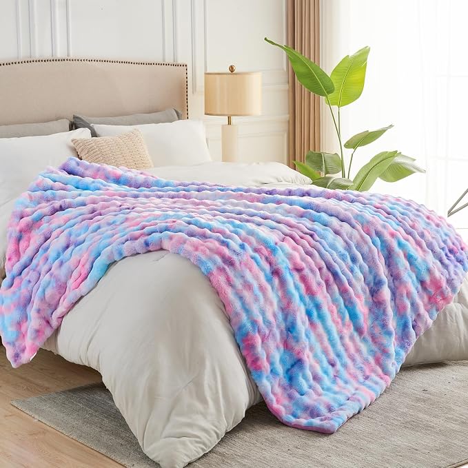 NEWCOSPLAY Faux Fur Bubble Twin Blanket for Couch, Purple Rainbow, 60"x80" | Fluffy Soft Thick Warm Bubble Blanket for Couch Sofa Bed 700GSM, Plush Cozy Luxury Decorative Throw, Gift for Women Men