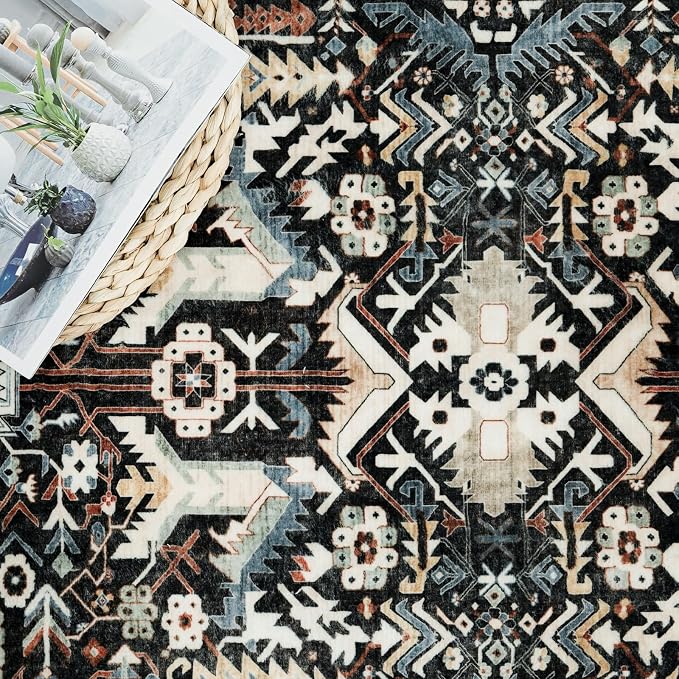Washable Hallway Runner Rug 2x10: Non-Slip Kitchen Entryway Rugs Indoor Soft Low Pile Stain Resistant Carpet for Bedroom Laundry Ultra-Thin Vintage Home Decor Floor Mat for Bathroom (Black, 2 x 10)