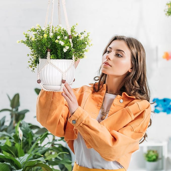 YIBOT 3 Pack Macrame Plant Hangers Hanging Planters for Indoor Plants Ivory