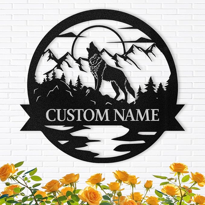 Dyoart Personalized Wolf Wall Art, Custom Last Name Sign | Black Wolf Wall Decor, Metal Wall Art for Home, Wolf Sign for Modern Home Hanging Decorations, Housewarming Gifts