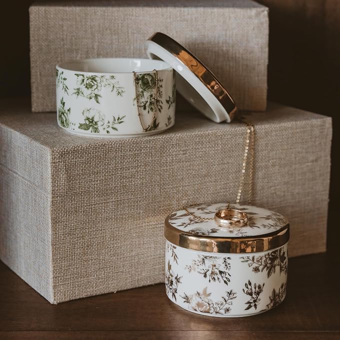Sweet Water Decor Gold Delft Round Trinket Box, Jewelry Storage for Nightstand, Dresser, or Counter, Small Ring & Keepsake Storage, Elegant Gift for Wedding, Anniversary or Hostess