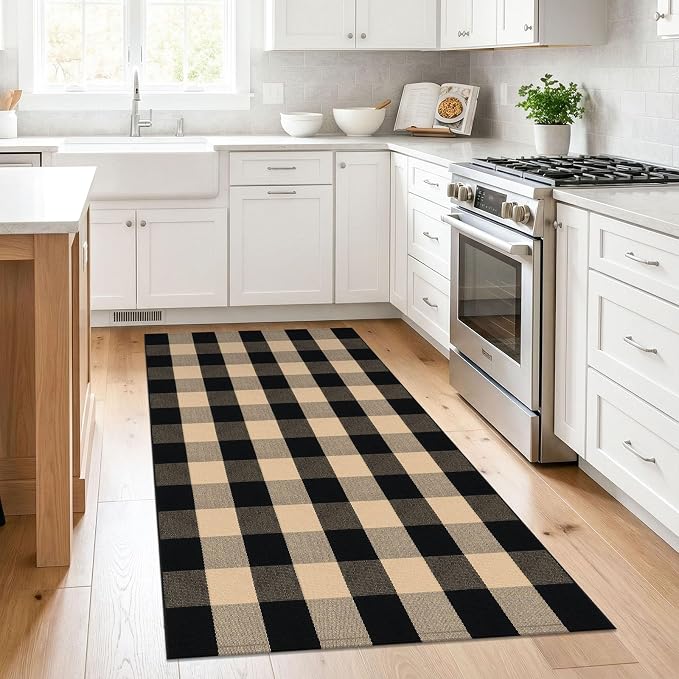 KILOCOCO Buffalo Plaid Checkered Rug 3x5 ft Front Door Rug, Brown and Black | Machine Washable Front Porch Rug, Outdoor Indoor Entryway Rug, Cotton Layered Doormat, Low Pile Rugs for Kitchen Patio