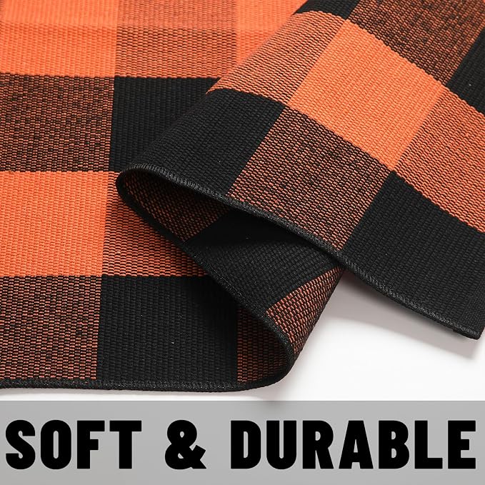 Buffalo Plaid Outdoor Rug 3x5 Ft Orange and Black Checkered Area Rug Halloween Washable Doormats Fall Indoor Outdoor Rugs for Layered Front Door Mats, Porch, Entryway, Kitchen, Farmhouse
