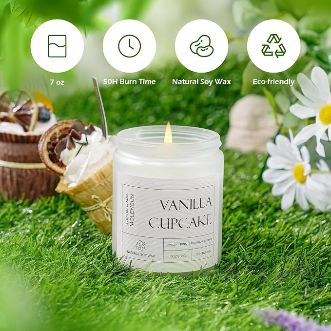 Molensun Vanilla Cupcake Scented Candle, Soy Wax 7 oz | Sweet vanilla cupcake aromatherapy fragrance; 50H burn long-lasting jar candle; Gift for women