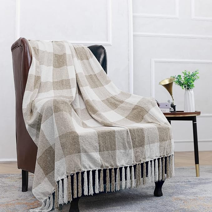 Beige White Buffalo Plaid Decor Blanket, Lightweight Soft Chenille Check Knitted Rustic Farmhouse Throw with Tassels for Couch Sofa Chair Bed Office Home, Tan and Ivory, 50" x 60"