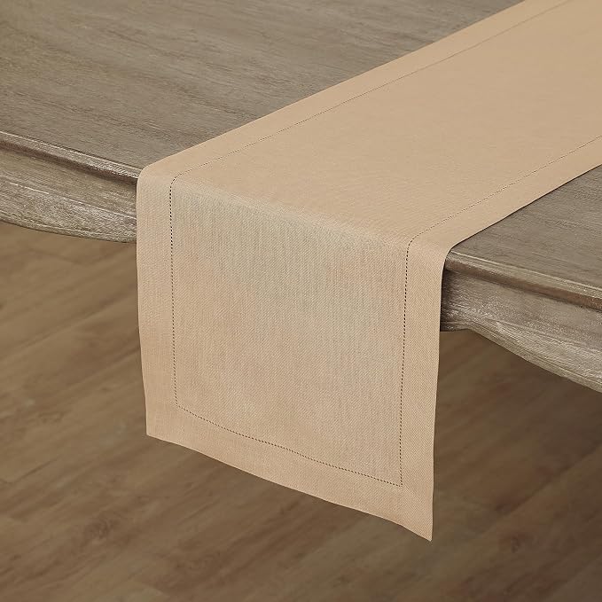 Solino Home 100% Linen Table Runner Beige, Classic Hemstitch 14 x 120 in | a graceful centrepiece for dining and gatherings, hemstitched border, mitered corners, machine washable, OEKO-TEX Certified