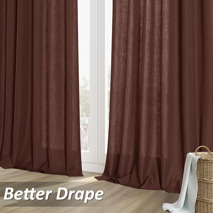 Rustic Brown Linen Curtains 108 Inches Long 2 Panel Set Rod Pocket Semi Sheer Dining Room Cozy Bedroom Decor Cotton Look Country Rustic Farmhouse Boho Curtains 52x108