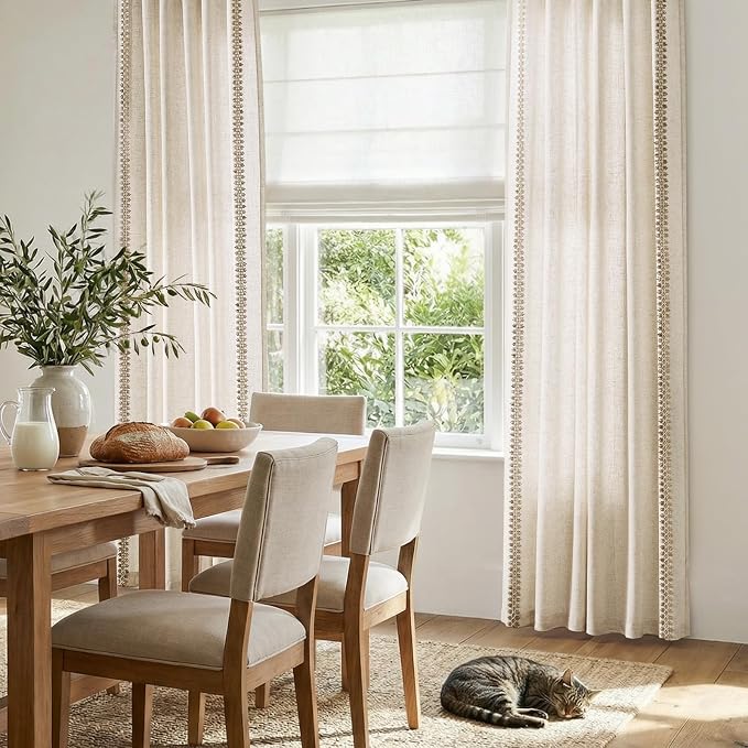 jinchan Beige Linen Curtains with Woven Trim Back Tab 50 x 84 Inch 2 Panels | Semi sheer light filtering, modern farmhouse curtains for living room and bedroom, back tab rod pocket, machine washable