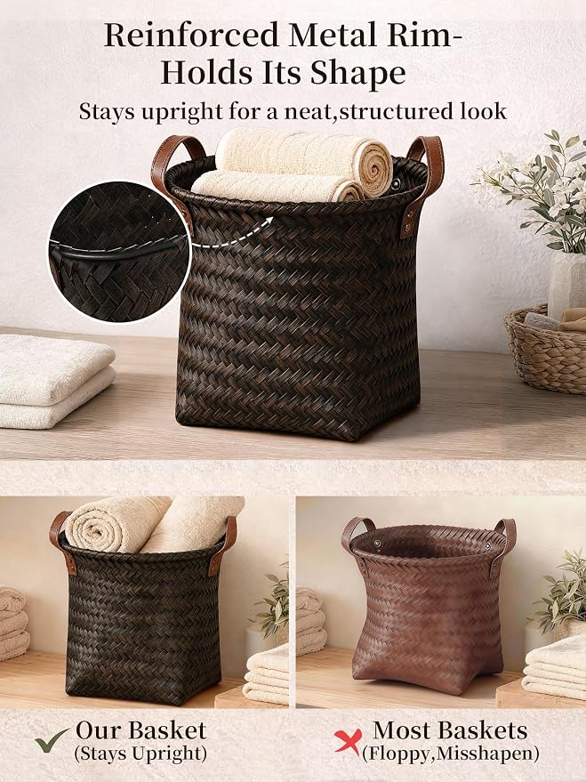 Wicker Storage Baskets, 4 Pack Woven Baskets for Shelves, Dark Gold | PP Rattan, Water-resistant Wicker Basket, Large Baskets with Faux Leather Handles for Blanket, Laundry Organizer, Room Decor