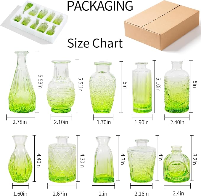 Olive Green Glass Bud Vases Set of 10, Wedding Table Centerpiece | Set of 10 Olive Green Vintage Glass Bud Vases, Earthy Tones for Rustic & Bohemian Wedding Centerpieces and Home Decor