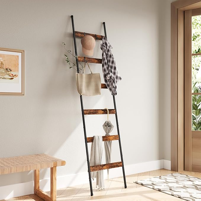 ELYKEN Blanket Ladder, 6-Tier Towel Rack, Wall-Leaning Quilt Holder | Farmhouse Wood Display Stand with 4 Hooks, Decorative Rack Shelf for Living Room, BedRoom, Bathroom, Rustic Brown