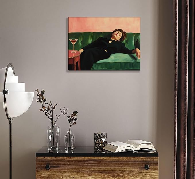 Vintage Woman Canvas Wall Art Funky Victorian Woman on Couch with Martini Picture Wall Decor Eclectic Cocktail Poster Trendy Bar Cart Decor Painting Print Artwork for Bar Kitchen Dining Room, Framed