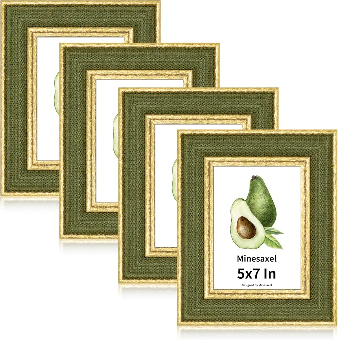 5x7 Picture Frame - Green Fabric & Vintage Gold Border HD Real Glass with Easel for Tabletop/Wall (Family Photos, Cabin Decor 4 Pack)