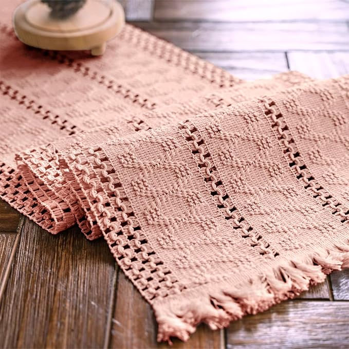 Macrame Table Runner Pure Pink Boho Table Runners with Tassels 12x48in | Alynsehom Hand Woven Cotton Table Runner Rustic Farmhouse Table Runners for Bohemian Kitchen Dining Table