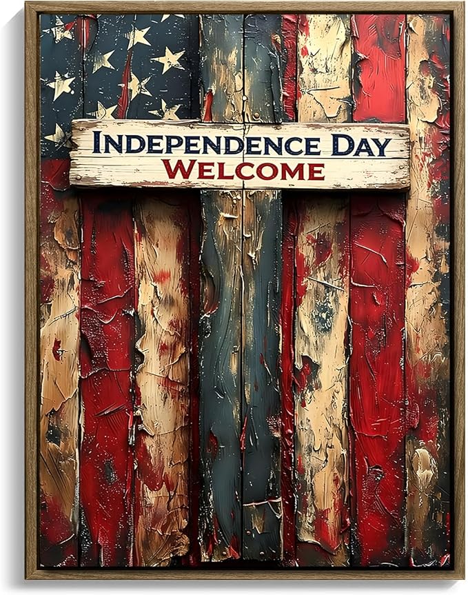 American Flag Framed Canvas Wall Art, 4th of July Patriotic Canvas Prints | USA Flag Wood Texture Poster Print, 4th of July Red White Blue Wall Decor for Bedroom Living Room 20×24in