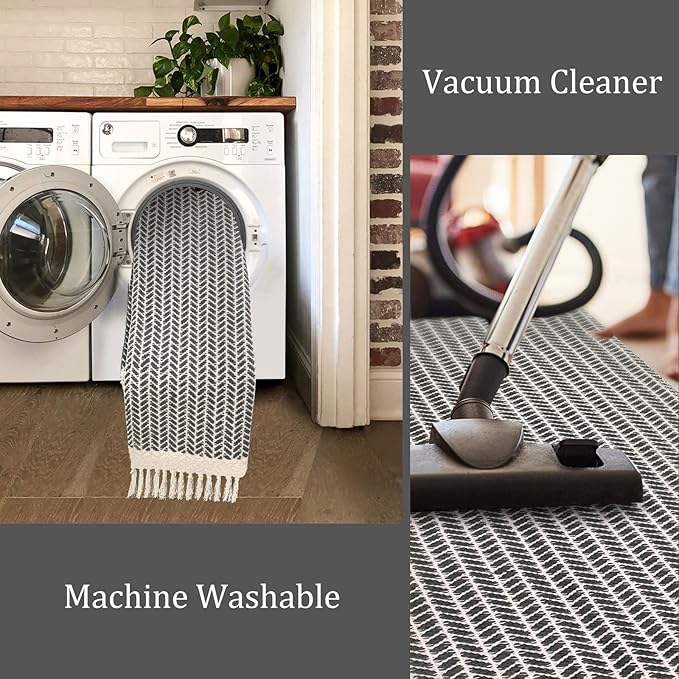 Lahome Boho Bathroom Runner Rug, 2x7 Washable Rugs for Hallway Kitchen | Woven Cotton Grey Bath Mats with Tassels, Farmhouse Decor Non Shedding Lightweight Carpet for Bedroom Laundry Room Entryway