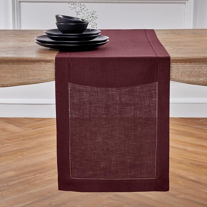 Solino Home 100% Pure Linen Table Runner Burgundy Hemstitch, 14 x 120 in | Classic Hemstitch, a graceful centrepiece for dining and gatherings, hemstitched border, mitered corners, OEKO-TEX Certified