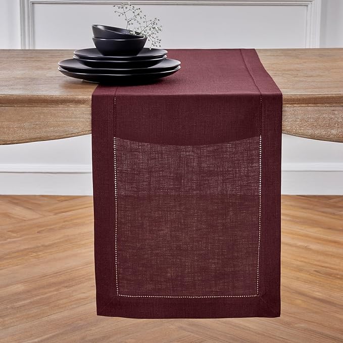 Solino Home 100% Pure Linen Table Runner Burgundy Hemstitch, 14 x 132 in | Classic Hemstitch, a graceful centrepiece for dining and gatherings, hemstitched border, mitered corners, OEKO-TEX Certified