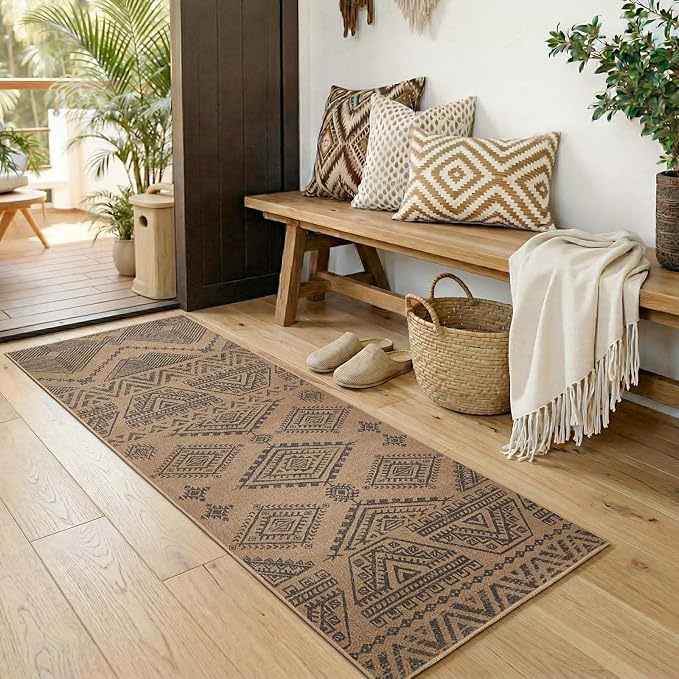 jinchan 2x6 Faux Jute Runner Rug Washable Boho Hallway Rug Natural Charcoal | Southwestern Geometric, Non-Slip Low Pile, Indoor Outdoor, High-Traffic, Kitchen, Bathroom, Laundry, Porch, Balcony, Entryway