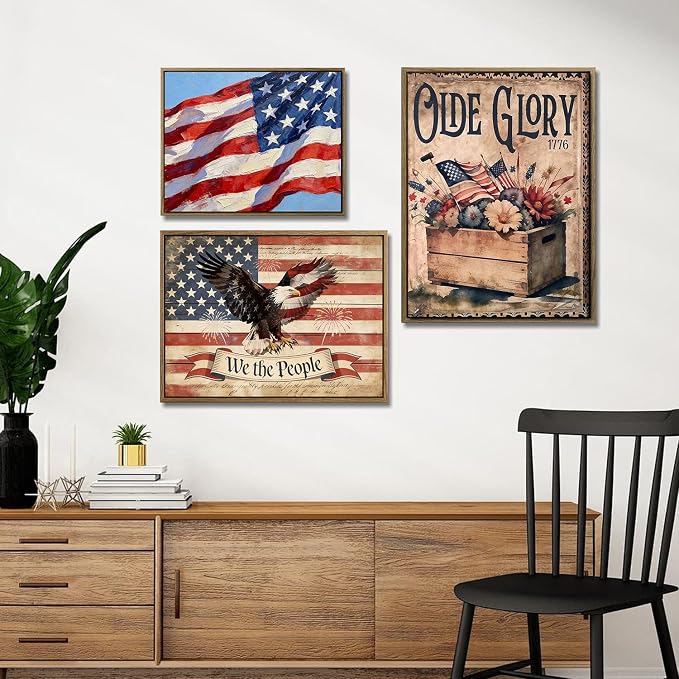 American Flag Framed Canvas Wall Art, 4th of July Patriotic Canvas Prints | 1776 American Flag Poster Print, Vintage Independence Day Wall Decor for Bedroom Living Room Dining Room Office 24×32in