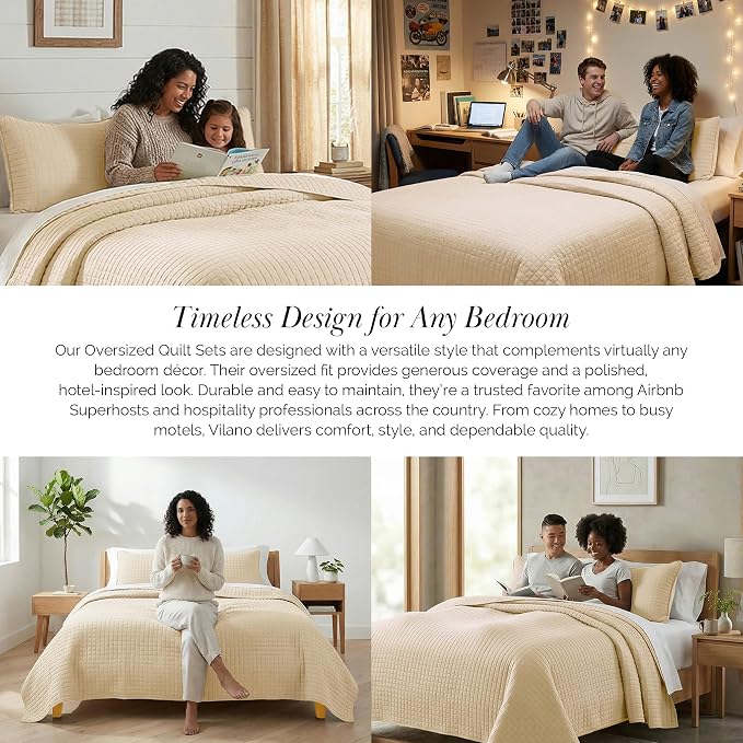 Southshore Fine Living, Inc. Twin XL Quilt Bedding Set, Dorm Room Essentials Bedding, Machine Washable Bedspread for Guest Room, Twin XL Beige Quilt Bed Spread w/Quilted Pillow Sham, Soft Sand