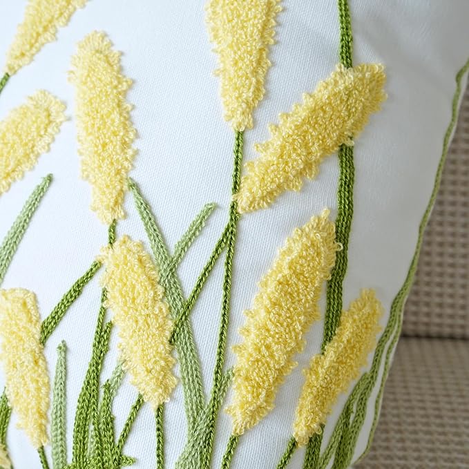 vctops Farmhouse Pampas Grass Cotton Tufted Throw Pillow Cover Boho Embroidery Pillowcase Soft Square Cushion Case for Sofa Couch Bed Chair (Yellow G,18"x18")