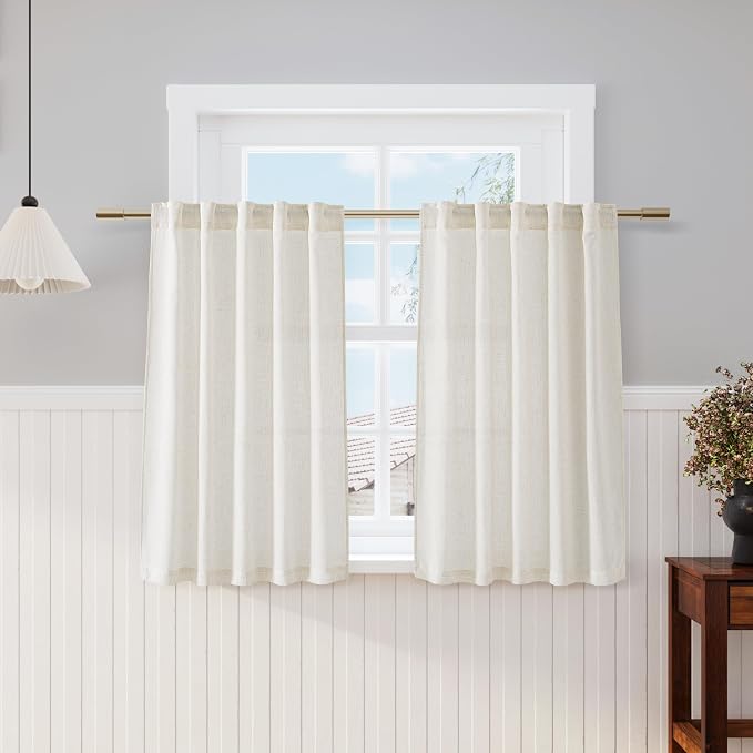 Cream Linen Textured Curtains 45 Inch Length Light Filtering Semi Sheer Short Curtains Back Tab Rod Pocket Boho Kitchen Tier Window Curtain for Bathroom Camper 36x45,2 Panels