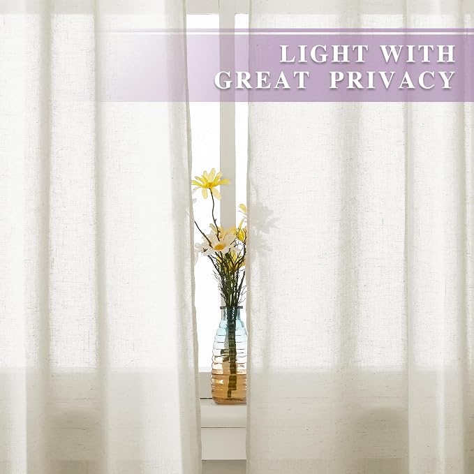 NICETOWN Semi Sheer Curtains 84 inch Length 2 Panels, Grommet Retro Window Treatment Natural Open Linen Curtains Vertical Drapes Privacy with Light Through for Living Room, Vanilla, W52 x L84