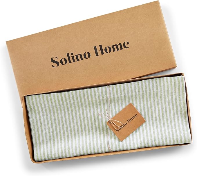 Solino Home 100% Linen Table Runner, 14 x 60 in, Avocado and White Striped | Narrow Stripe, styles dining tables for meals and celebrations, woven stripe, European flax fibres, soft, OEKO-TEX Certified