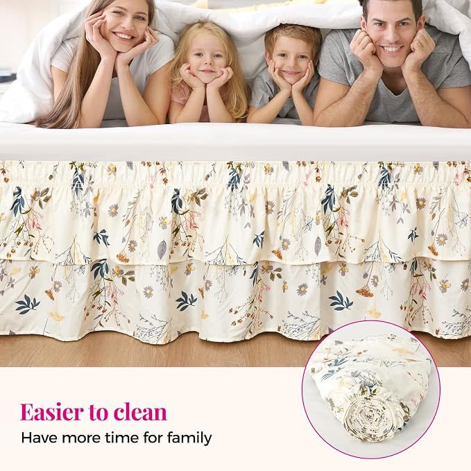RIMELA Ruffle Bed Skirt Balloon Flower Floral Queen 15 Inch Drop, Elastic Wrap Around Bed Skirting Queen Size, Easy to Install Dust Ruffle, Machine Washable Soft Fabric, Multi Ruffle Bedskirt
