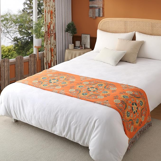 Phuryllic Boho Throw Blanket Full Size, Extra Large Soft Cozy Cotton Muslin Quilt Blanket for Bed Decor, Floral Patterned Couch Sofa Chair Cover, Vintage Farmhouse Cottage Woven Blanket, Orange&Green