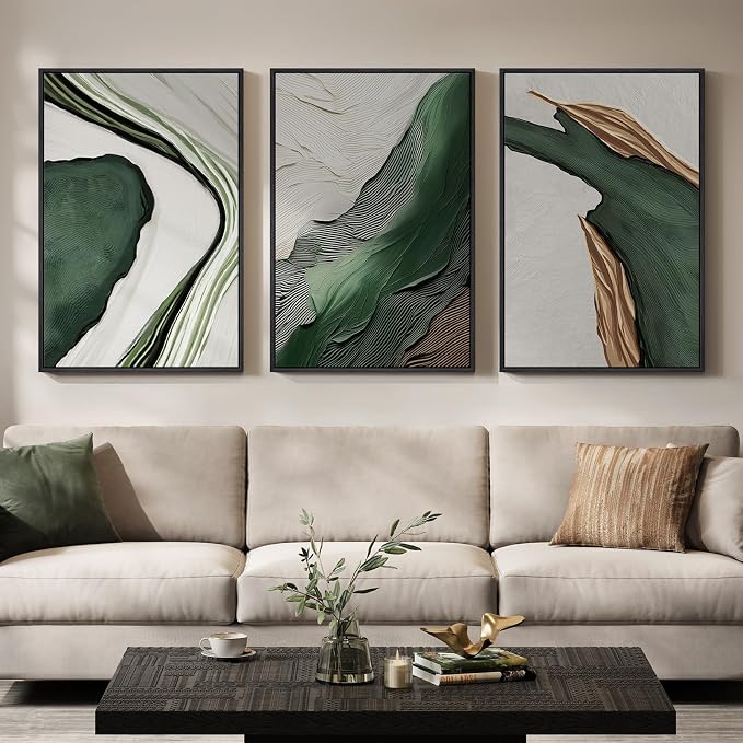 Large Framed Green White Abstract Wall Art for Living Room, 3 Piece 24x36 | Modern pictures, Canvas prints, Wood frame, Minimalist wall paintings, Wall decor for hallway dining room bedroom home office