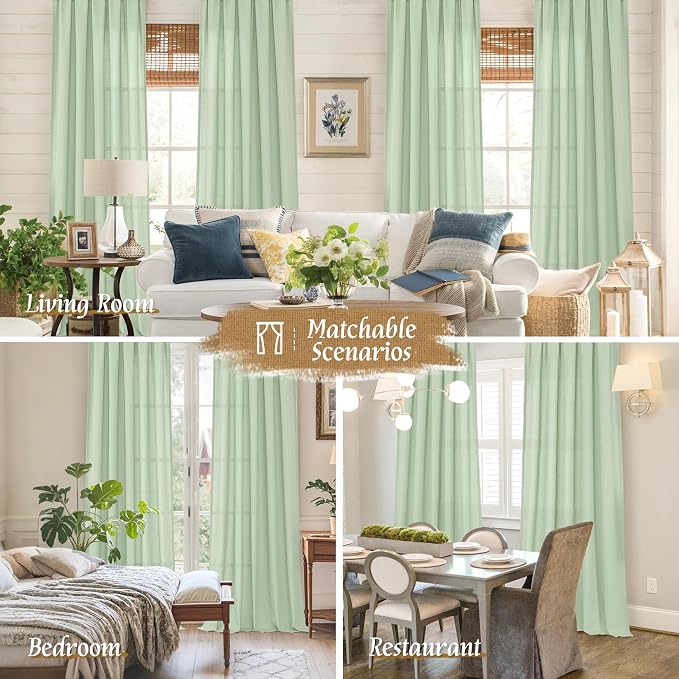 72 inches Long Light Green Linen Curtains for Living Room 2 Panels | Light Filtering, Soft, Linen Textured, Neutral, Window Treatment, Drapes for Farmhouse, Bedroom, Rod Pocket, 52 x 72 Inch