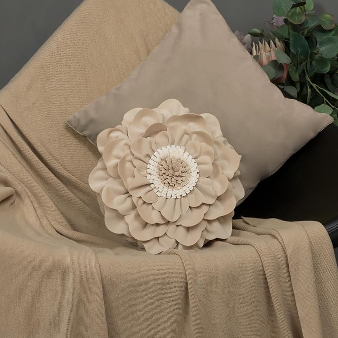 JWH 3D Flower Throw Pillow Cover Decorative Floral Pillow Case Round Peony Cushion Velvet Accent Pillowcase for Bed Sofa Couch Home Decor 14 Inches Champagne Tan