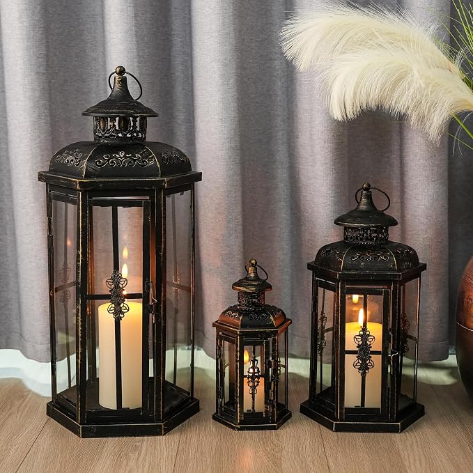 JHY DESIGN Set of 3 Decorative Candle Lanterns 20''&14"&10" H Outdoor Candle Lanterns Vintage Metal Cand leholder for Indoor Outdoor, Events, Parities and Weddings(Black with Gold Brush)