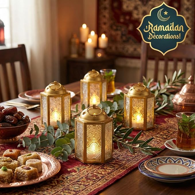 VELA LANTERNS Mini Moroccan Tea Light Candle Holder Lanterns – 4.25" Small Decorative Lantern for Table or Hanging, Metal with Glass Panels – Ramadan, Wedding, Home Decor, Gold (Set of 4)
