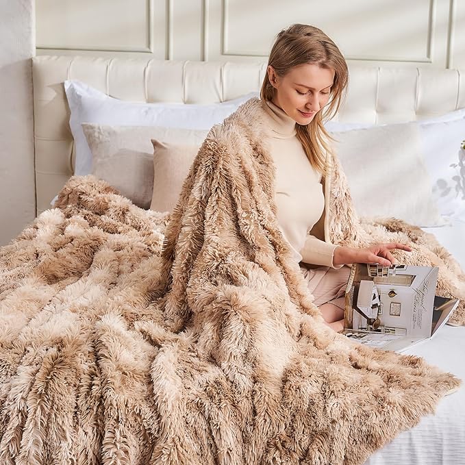 GONAAP Fuzzy Faux Fur Throw Blanket for Couch, Tie-dye Beige, 50"x60" | Warm Cozy Plush Shaggy Decorative Reversible Thick Non-Heated Fleece Blanket for Sofa Bed, Gift for Women Men, All Season Use