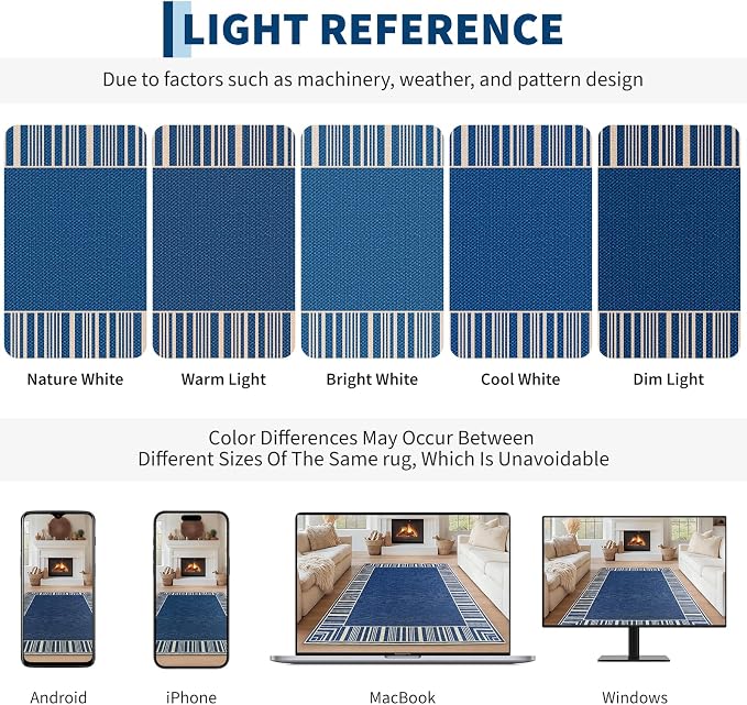 COZYLOOM 8x10 Indoor Outdoor Rugs Machine Washable Area Rugs for Living Room, Non Slip Non Shedding Bordered Easy Jute Rug Stain Resistant Modern Striped Carpet for Bedroom, Patio, Backyard, Blue