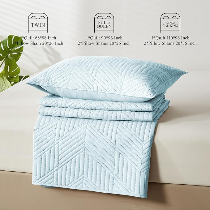 Davulos Twin Quilt Bedding Set,Aqua Blue Ultrasonic Quilt Set Reversible Microfiber Bedspread,Lightweight Soft Modern Geometric Coverlet Set for All Seasons(1 Quilt,1 Pillow Sham)
