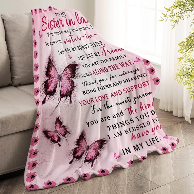 Sister in Law Gifts, Sister in Law Birthday Gifts, Gift for Birthday Mothers Day, Christmas, Soft Flannel Throw Blanket, Pink Butterfly, 60"x50"