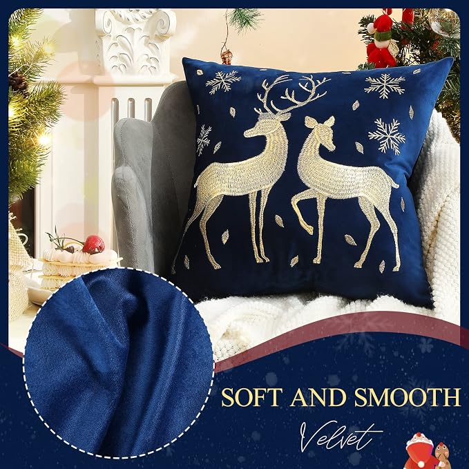 Lewondr Christmas Throw Pillow Cover, Gold Deer Snowflake, 20"x20", 2 Pack | Navy Blue, Soft Velvet, Embroidery Decorative, Luxurious Sofa Cushion Cover, Home Christmas Decoration