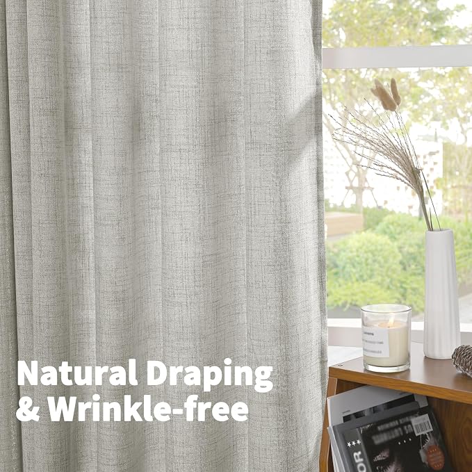 Light Grey Linen Semi Sheer Curtains 80 Inch Length for Living Room | Light Filtering Drapes Textured with Rod Pocket Back Tab for Office Bedroom Dining Window, 2 Panels, 52 X 80 Inch